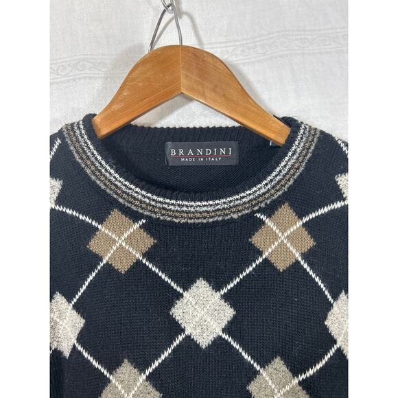 Vintage Brandini Sweater Large Black White Tan Argyle Crew Neck Wool Blend Italy - Picture 5 of 9